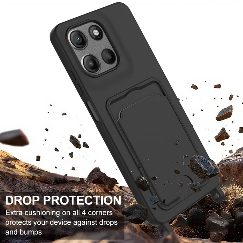 For Motorola Moto G15 Power 4G  /  G15 4G Liquid Silicone Case Phone Back Cover with Card Holder and Short Strap - Black-Cellmalls