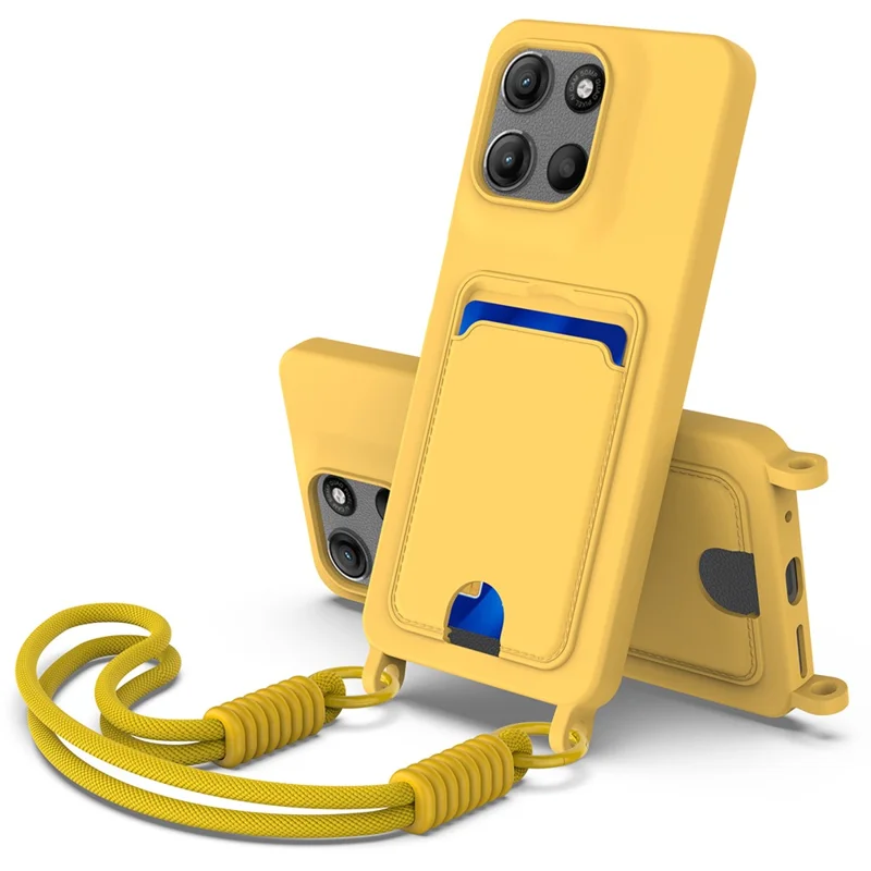 For Motorola Moto G15 Power 4G  /  G15 4G Liquid Silicone Case Phone Back Cover with Card Holder and Short Strap - Black-Cellmalls