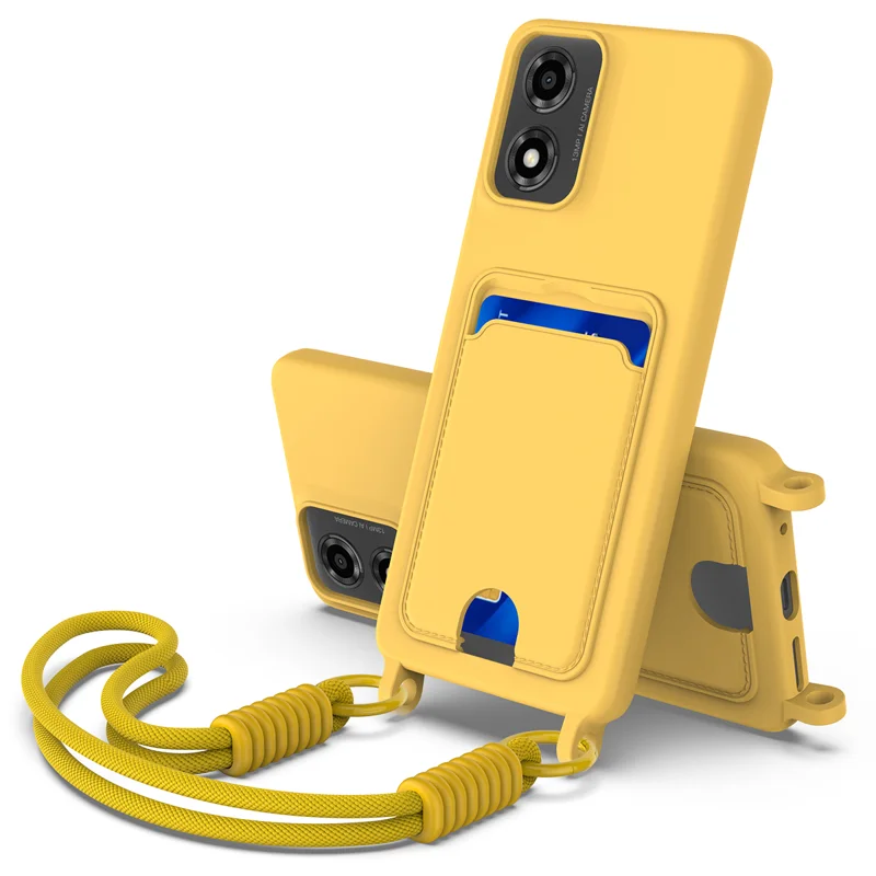 For Motorola Moto G04s 4G / Motorola Moto G24 4G / Motorola Moto E14 4G / Motorola Moto G04 4G Liquid Silicone Case  Phone Back Cover with Card Holder and Short Strap - Black-Cellmalls