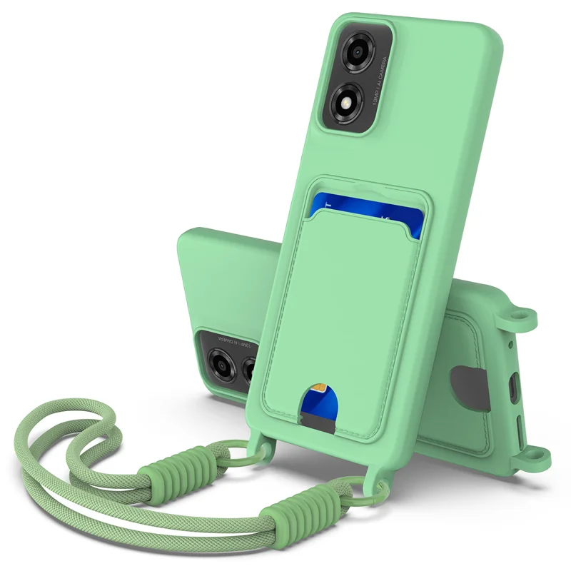 For Motorola Moto G04s 4G / Motorola Moto G24 4G / Motorola Moto E14 4G / Motorola Moto G04 4G Liquid Silicone Case  Phone Back Cover with Card Holder and Short Strap - Black-Cellmalls