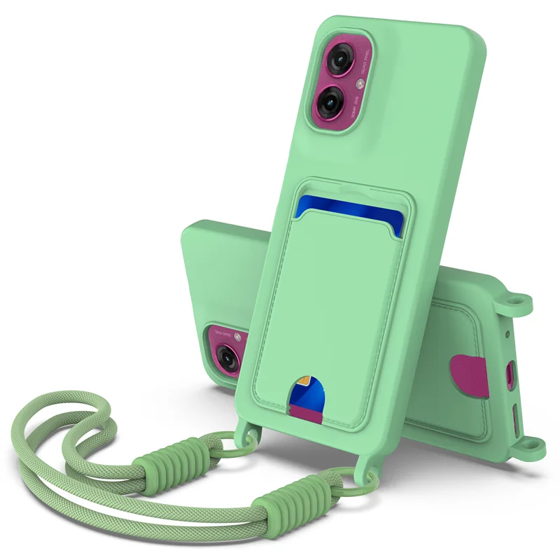 For Motorola Moto G55 5G Liquid Silicone Case  Phone Back Cover with Card Holder and Short Strap - Black-Cellmalls