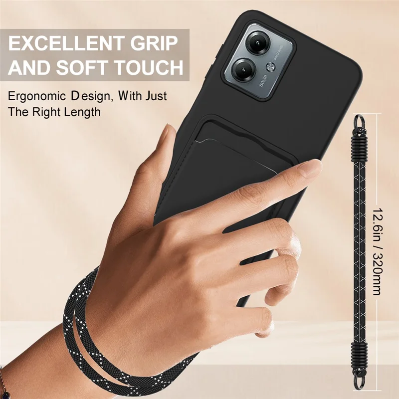 For Motorola Moto G14 4G Case Liquid Silicone Card Holder Phone Back Cover with Short Strap - Black-Cellmalls