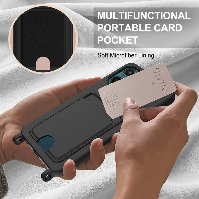 For Motorola Moto G05 4G  /  E15 4G Liquid Silicone Case Phone Back Cover with Card Holder and Short Strap - Black-Cellmalls