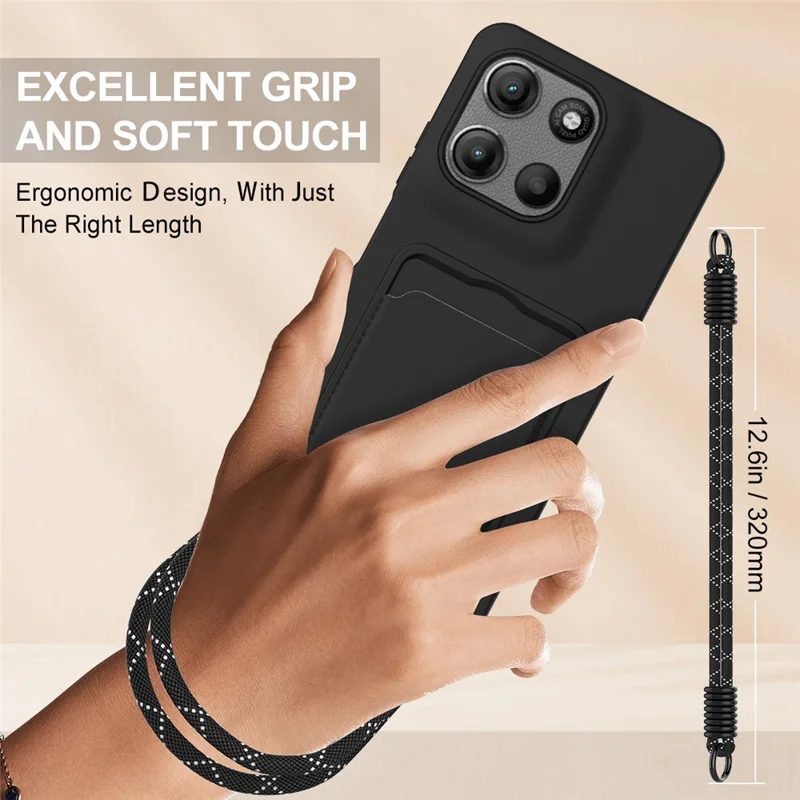 For Motorola Moto G15 Power 4G  /  G15 4G Liquid Silicone Case Phone Back Cover with Card Holder and Short Strap - Black-Cellmalls