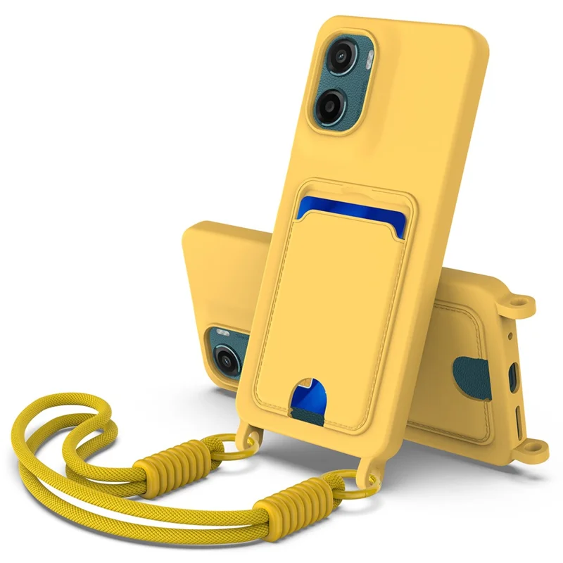 For Motorola Moto G05 4G  /  E15 4G Liquid Silicone Case Phone Back Cover with Card Holder and Short Strap - Black-Cellmalls