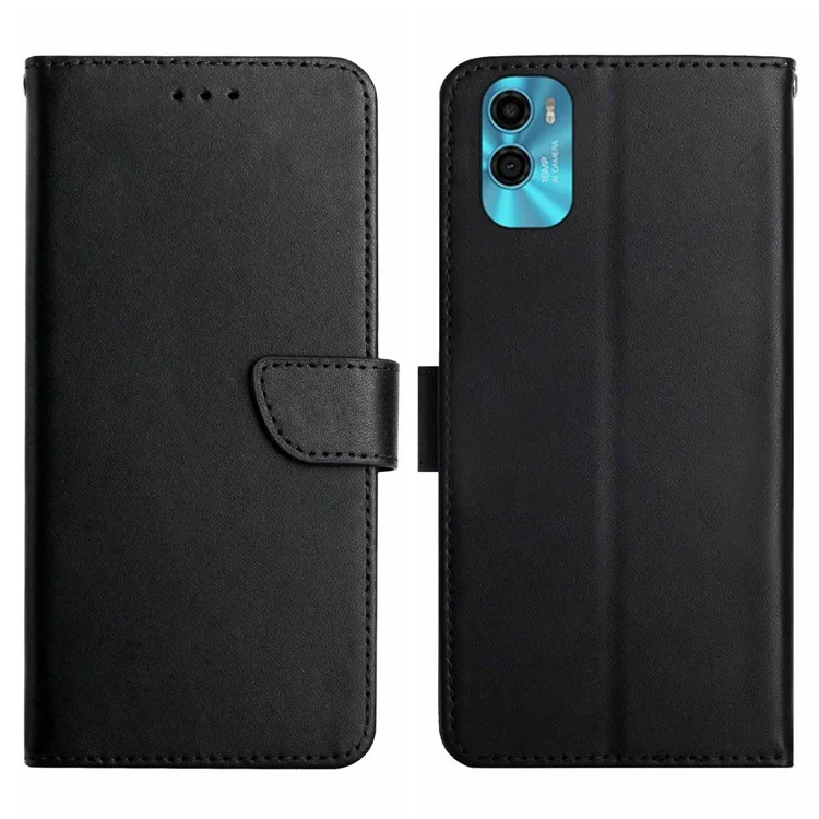 For Motorola Moto E22s 4G / E32 (India) 4G HT02 Genuine Leather Nappa Texture Wallet Case with Stand Function Flip Phone Cover Strong Magnetic Clasp Shell - Black-Cellmalls