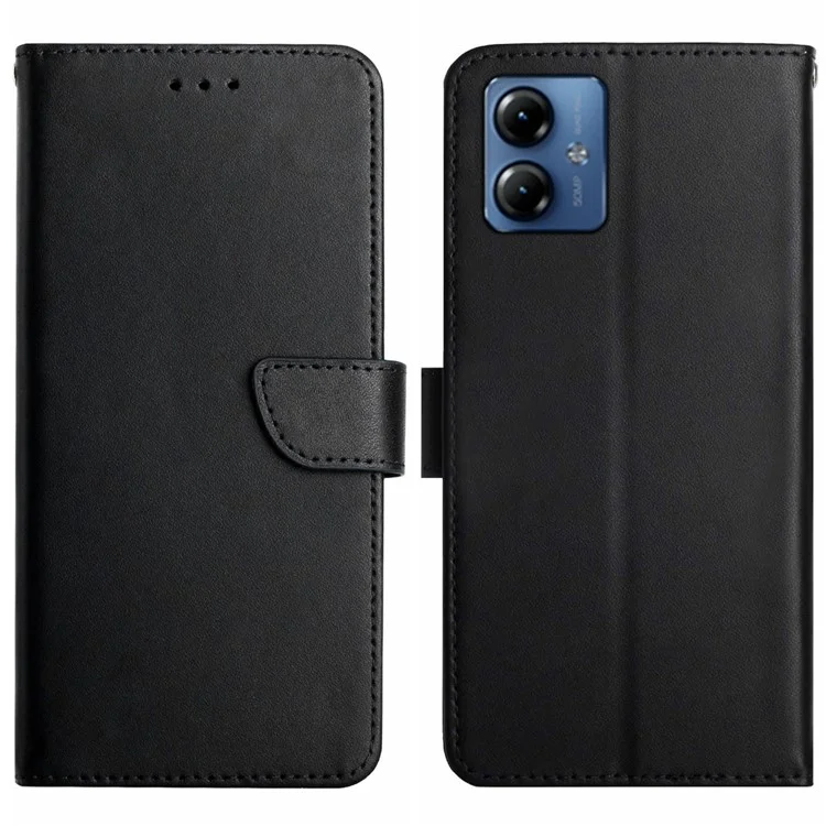 HT02 For Motorola Moto G54 5G Genuine Cow Leather Phone Cover Stand Wallet Anti-drop Case - Black-Cellmalls
