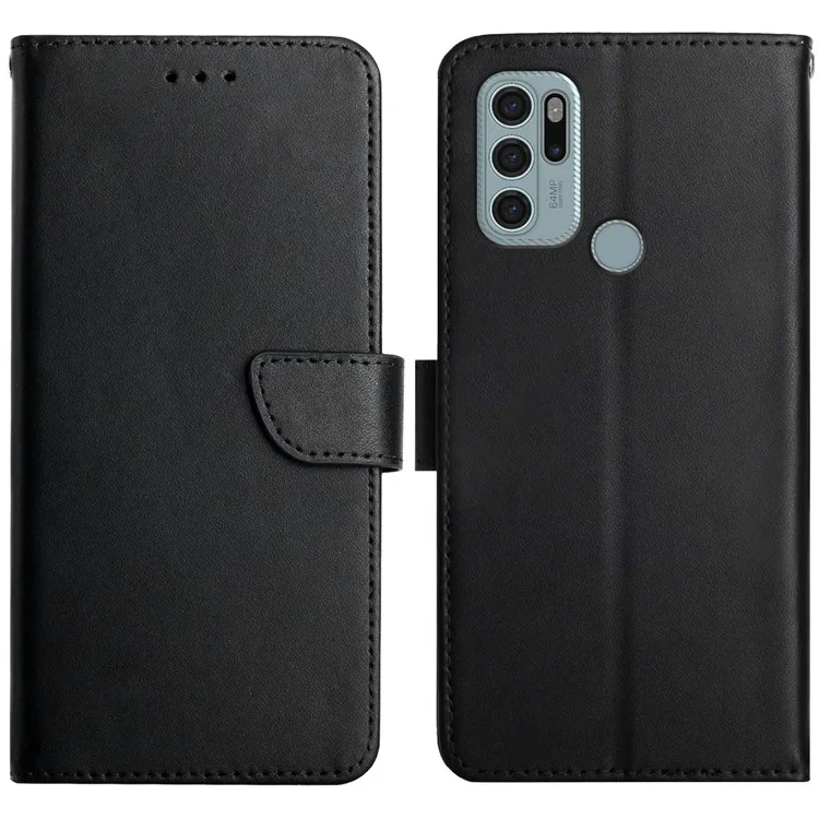 Scratch-proof Nappa Texture Genuine Leather Wallet Stand Protective Phone Case for Motorola Moto G60S - Black-Cellmalls