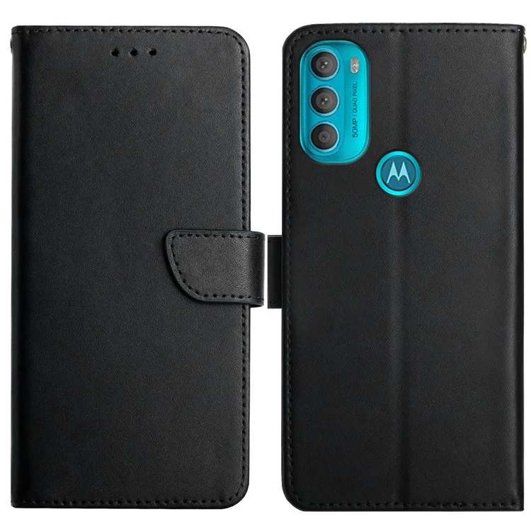 Impact Buffer Nappa Texture Genuine Leather Phone Case Viewing Stand Wallet Cover for Motorola Moto G71 5G - Black-Cellmalls