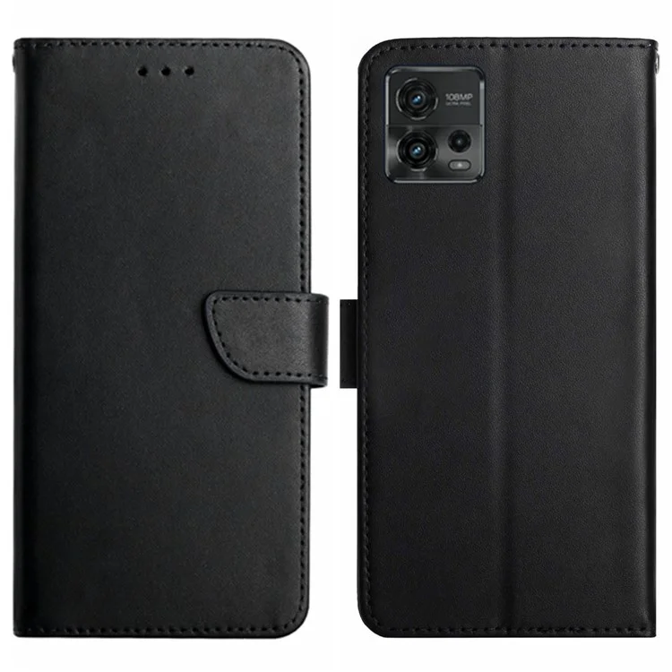 For Motorola Moto G72 4G HT02 Nappa Texture Phone Stand Wallet Case Folio Flip Genuine Leather Shockproof Cover - Black-Cellmalls