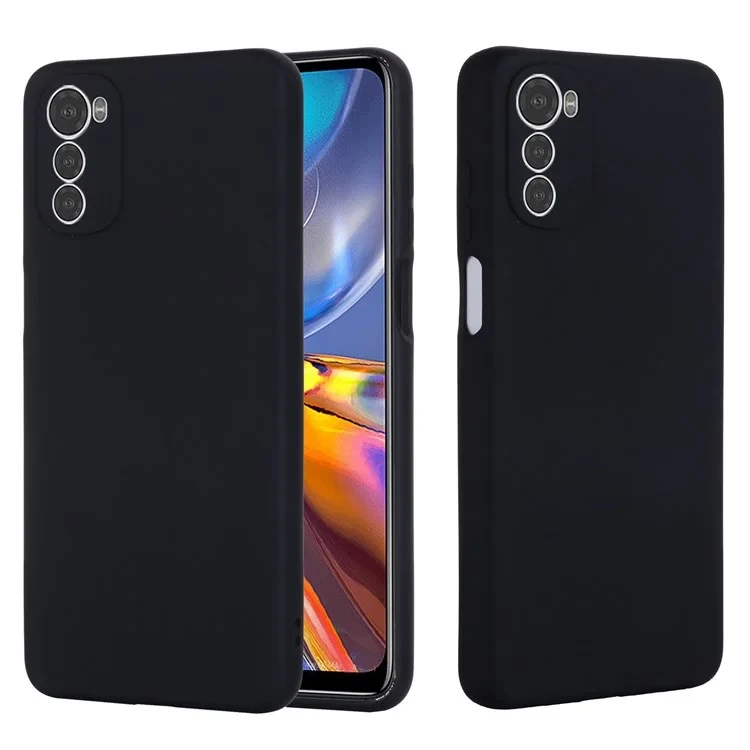 For Motorola Moto E32 4G Liquid Silicone Phone Case Soft Microfiber Lining Camera Protection Cover with Strap - Black-Cellmalls