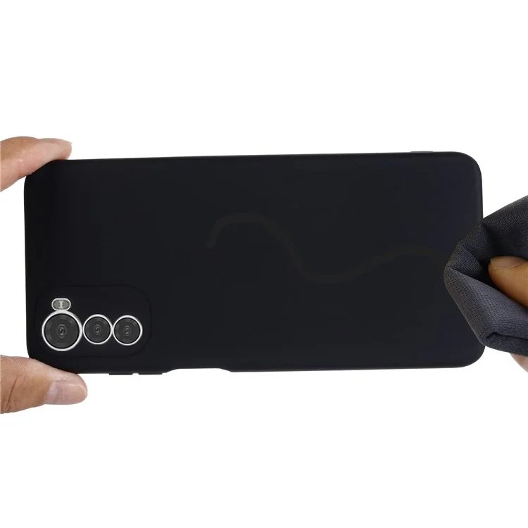 For Motorola Moto E32 4G Liquid Silicone Phone Case Soft Microfiber Lining Camera Protection Cover with Strap - Black-Cellmalls