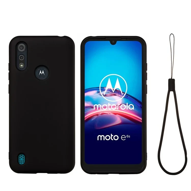 Liquid Silicone Phone Cover Case with Lanyard for Motorola Moto E6i / E6s (2020) - Black-Cellmalls
