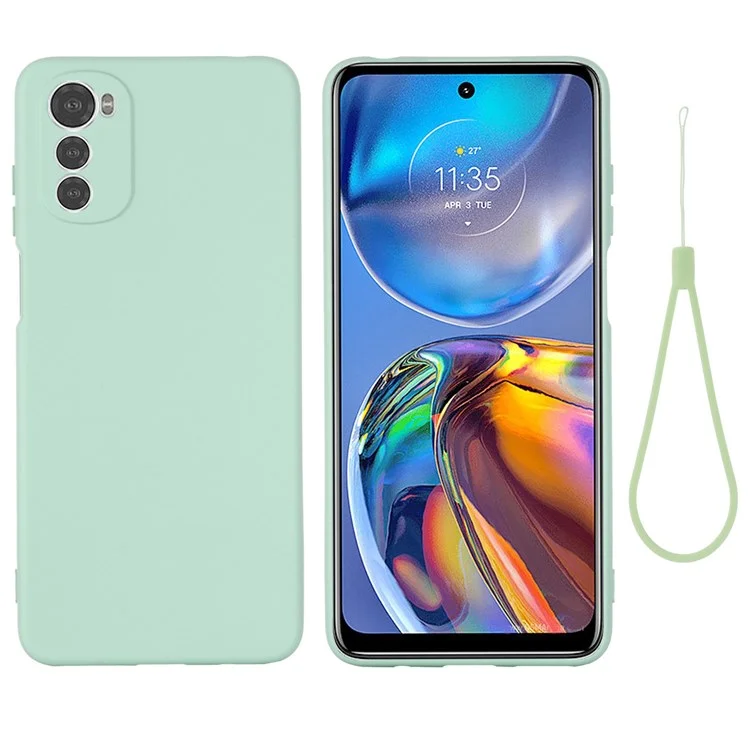 For Motorola Moto E32 4G Liquid Silicone Phone Case Soft Microfiber Lining Camera Protection Cover with Strap - Black-Cellmalls