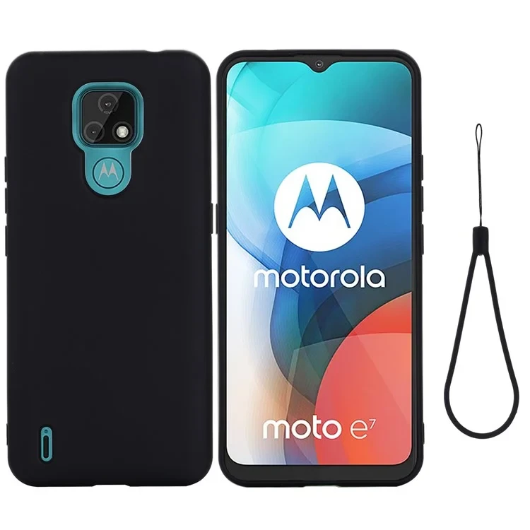 Plain Liquid Silicone Phone Protective Case + Handy Strap for Motorola Moto E7 2020 - Black-Cellmalls