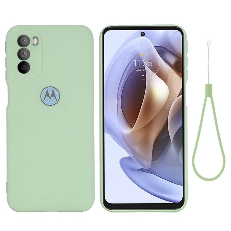 For Motorola Moto G31/G41 Soft Liquid Silicone Phone Case Microfiber Lining Cushion Camera Protection Cover with Strap - Green-Cellmalls