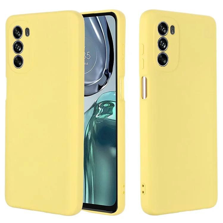 For Motorola Moto G62 5G Liquid Silicone Shockproof Protective Phone Case Soft Fiber Lining Anti-Scratch Cover with Strap - Yellow-Cellmalls