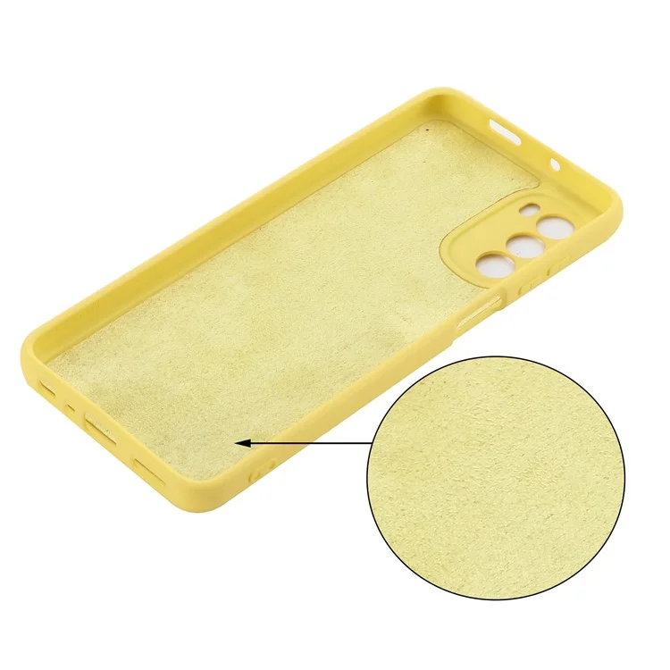 For Motorola Moto G62 5G Liquid Silicone Shockproof Protective Phone Case Soft Fiber Lining Anti-Scratch Cover with Strap - Yellow-Cellmalls