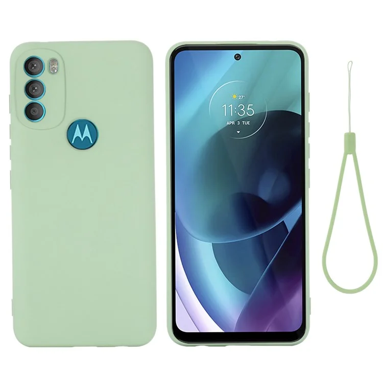 For Motorola Moto G71 5G Liquid Silicone Case Soft Microfiber Lining Shockproof Drop Protection Cover with Strap - Green-Cellmalls