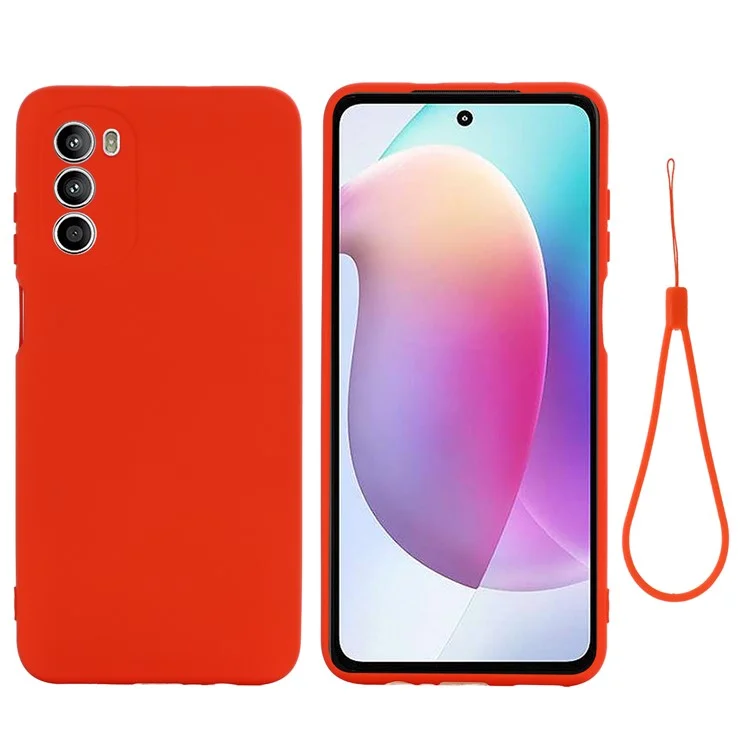 Phone Case for Motorola Moto G71s 5G , Liquid Silicone Soft Lining Anti-scratch Cover with Strap - Black-Cellmalls