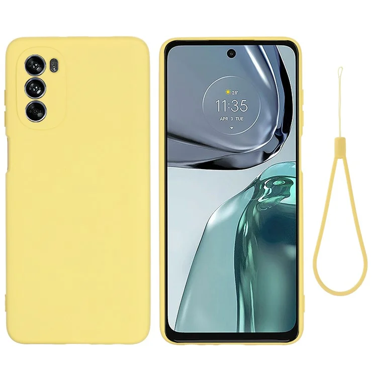 For Motorola Moto G62 5G Liquid Silicone Shockproof Protective Phone Case Soft Fiber Lining Anti-Scratch Cover with Strap - Yellow-Cellmalls