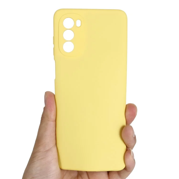 For Motorola Moto G62 5G Liquid Silicone Shockproof Protective Phone Case Soft Fiber Lining Anti-Scratch Cover with Strap - Yellow-Cellmalls