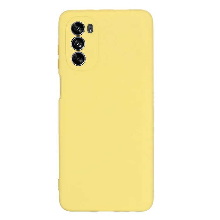 For Motorola Moto G62 5G Liquid Silicone Shockproof Protective Phone Case Soft Fiber Lining Anti-Scratch Cover with Strap - Yellow-Cellmalls