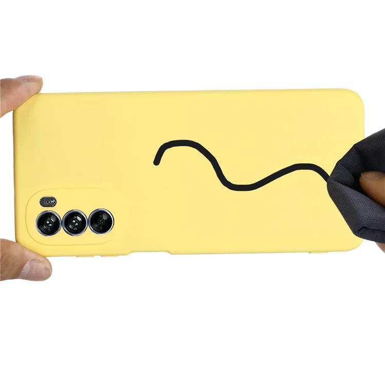 For Motorola Moto G62 5G Liquid Silicone Shockproof Protective Phone Case Soft Fiber Lining Anti-Scratch Cover with Strap - Yellow-Cellmalls