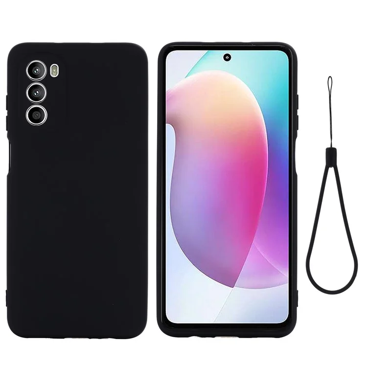 Phone Case for Motorola Moto G71s 5G , Liquid Silicone Soft Lining Anti-scratch Cover with Strap - Black-Cellmalls