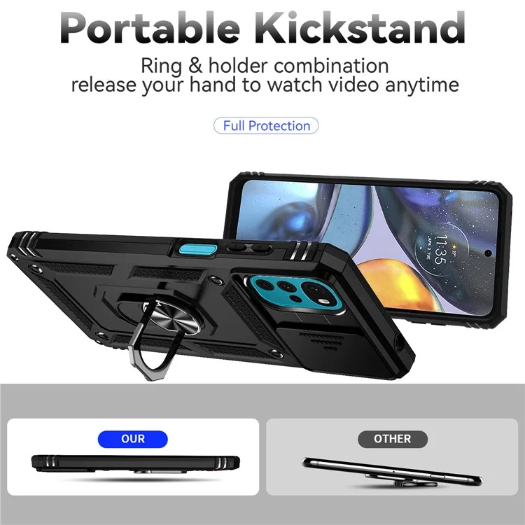 For Motorola Moto G22 Multifunction Kickstand PC+TPU Hybrid Cover Slide Camera Protection Phone Case - Black-Cellmalls