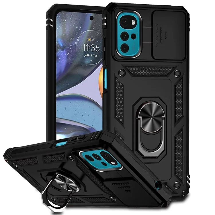 For Motorola Moto G22 Multifunction Kickstand PC+TPU Hybrid Cover Slide Camera Protection Phone Case - Black-Cellmalls
