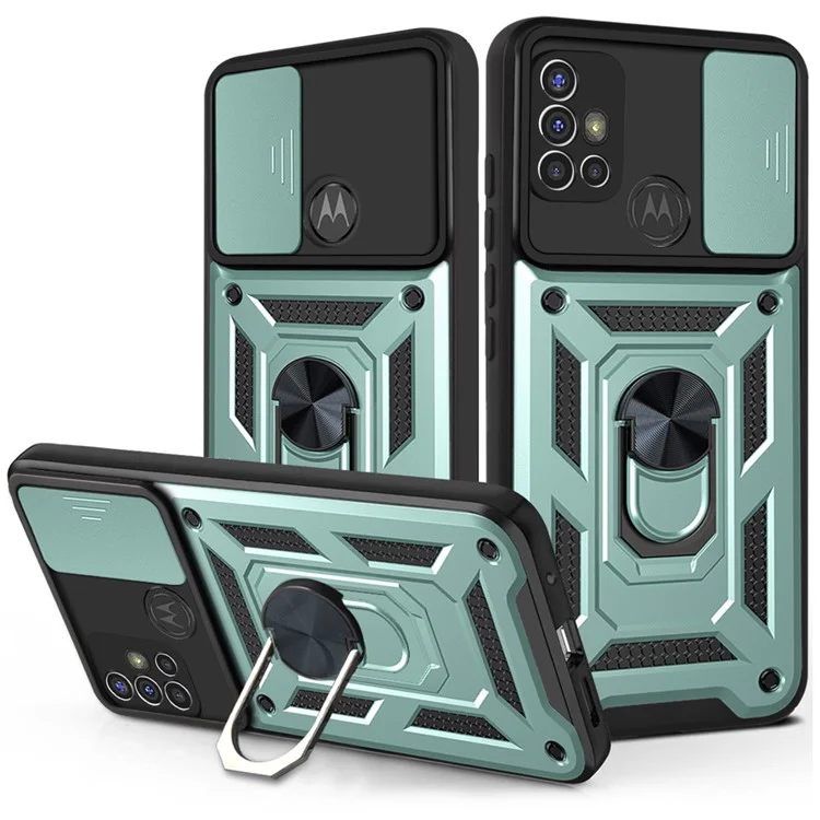 Camera Slide Cover Phone Hybrid Case Protective Shell with Ring Kickstand for Motorola Moto G30 - Black-Cellmalls