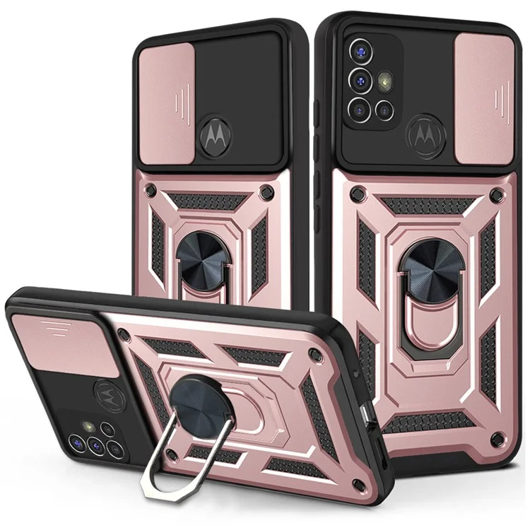 Camera Slide Cover Phone Hybrid Case Protective Shell with Ring Kickstand for Motorola Moto G30 - Black-Cellmalls