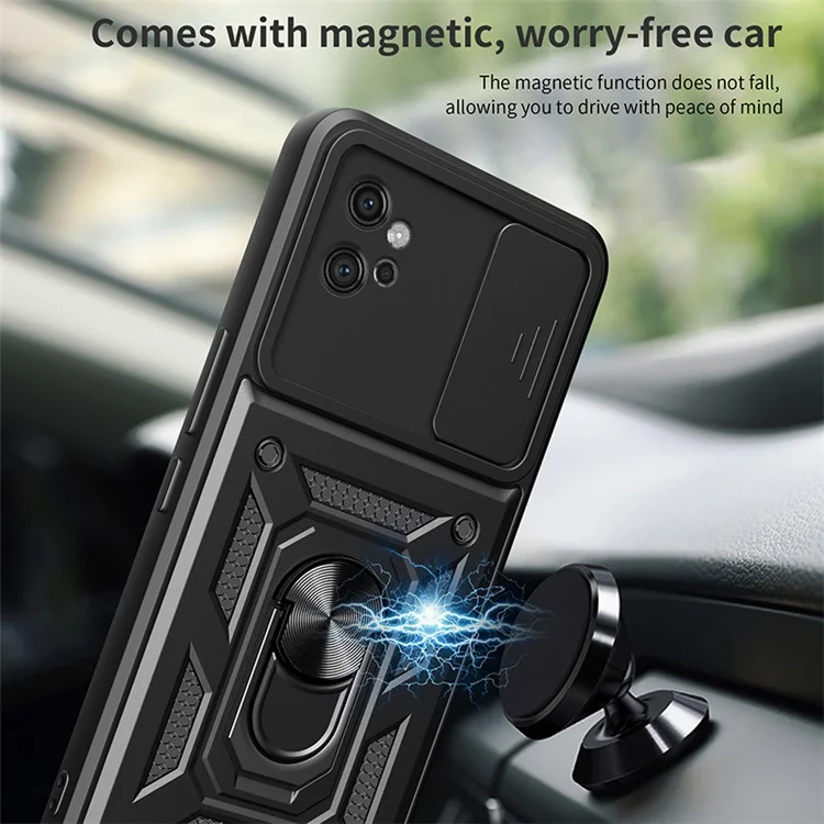 For Motorola Moto G32 4G Case PC+TPU Kickstand Smart Phone Cover with Slide Lens Lid - Black-Cellmalls