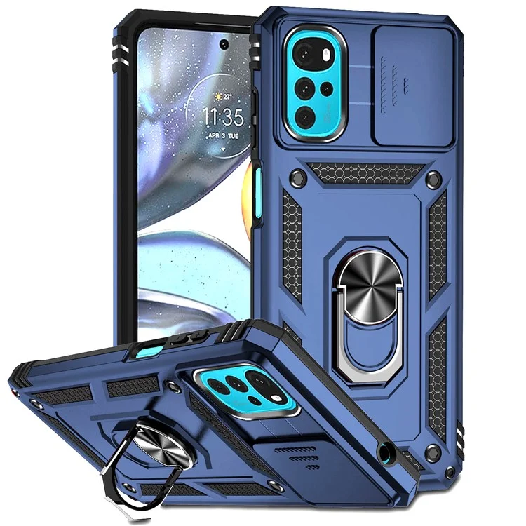 For Motorola Moto G22 Multifunction Kickstand PC+TPU Hybrid Cover Slide Camera Protection Phone Case - Black-Cellmalls