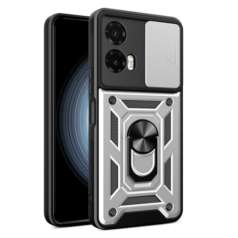 For Motorola Moto G35 5G Case with Slide Camera Lid PC+TPU Kickstand Phone Cover - Black-Cellmalls