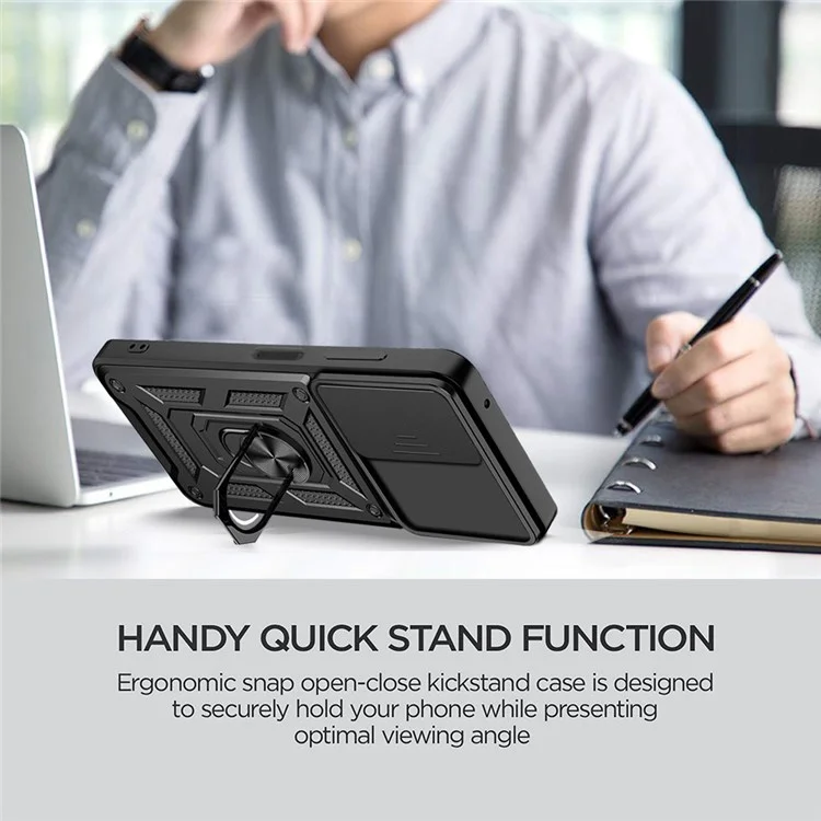 For Motorola Moto G52 4G / G82 5G Mobile Phone Shell Bag Slide Camera Protection PC + TPU Ring Kickstand Case Anti-drop Phone Cover - Black-Cellmalls