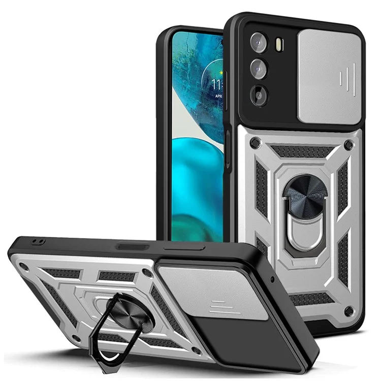 For Motorola Moto G52 4G / G82 5G Mobile Phone Shell Bag Slide Camera Protection PC + TPU Ring Kickstand Case Anti-drop Phone Cover - Black-Cellmalls