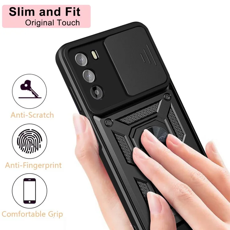 For Motorola Moto G52 4G / G82 5G Mobile Phone Shell Bag Slide Camera Protection PC + TPU Ring Kickstand Case Anti-drop Phone Cover - Black-Cellmalls
