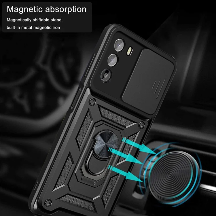 For Motorola Moto G52 4G / G82 5G Mobile Phone Shell Bag Slide Camera Protection PC + TPU Ring Kickstand Case Anti-drop Phone Cover - Black-Cellmalls