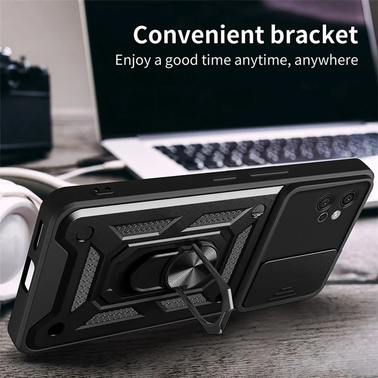 For Motorola Moto G32 4G Case PC+TPU Kickstand Smart Phone Cover with Slide Lens Lid - Black-Cellmalls