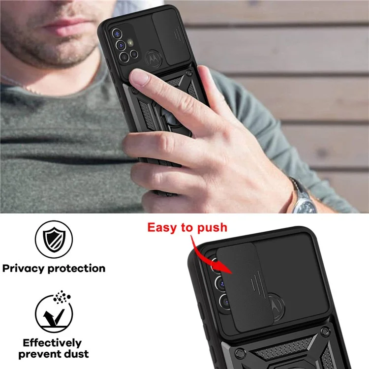 Camera Slide Cover Phone Hybrid Case Protective Shell with Ring Kickstand for Motorola Moto G30 - Black-Cellmalls
