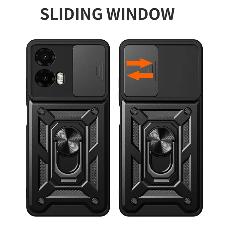 For Motorola Moto G35 5G Case with Slide Camera Lid PC+TPU Kickstand Phone Cover - Black-Cellmalls