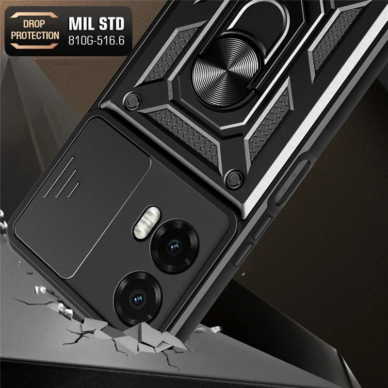 For Motorola Moto G35 5G Case with Slide Camera Lid PC+TPU Kickstand Phone Cover - Black-Cellmalls