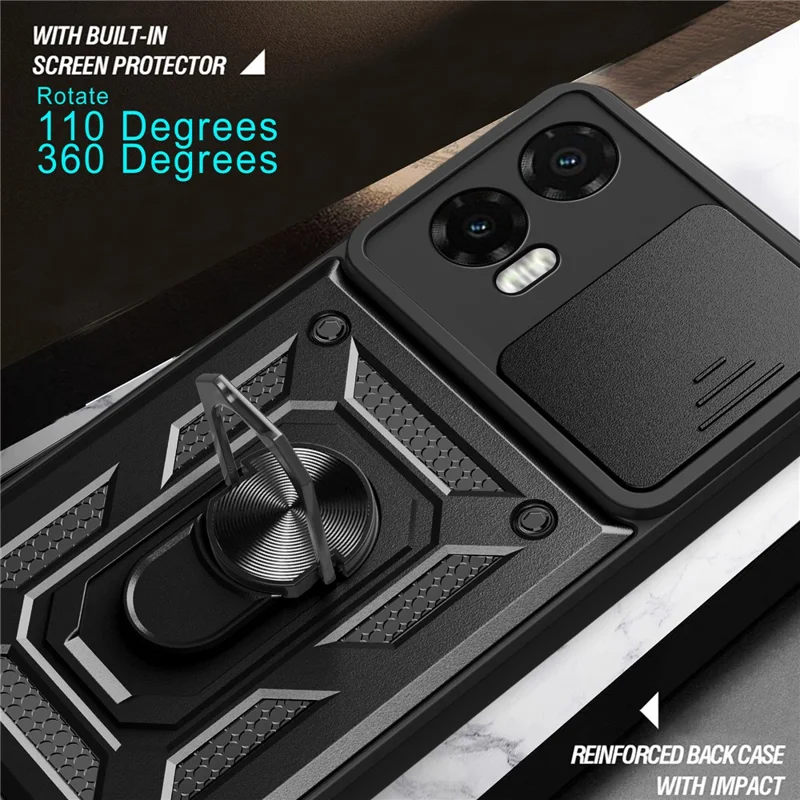 For Motorola Moto G35 5G Case with Slide Camera Lid PC+TPU Kickstand Phone Cover - Black-Cellmalls