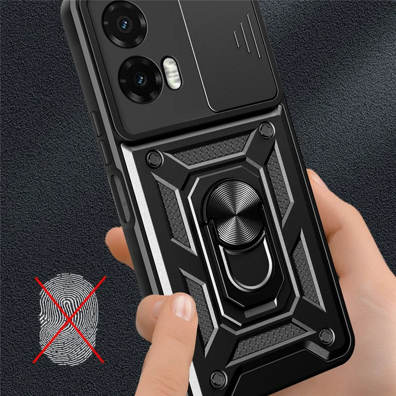 For Motorola Moto G35 5G Case with Slide Camera Lid PC+TPU Kickstand Phone Cover - Black-Cellmalls