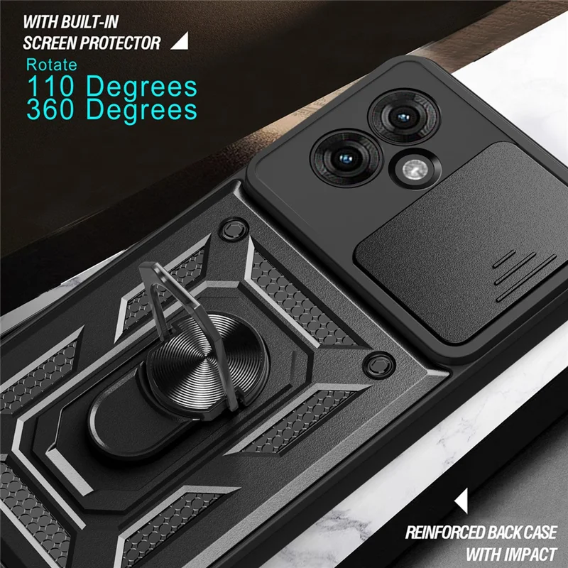 For Motorola Moto G55 5G Case with Slide Camera Lid PC+TPU Kickstand Phone Cover - Black-Cellmalls