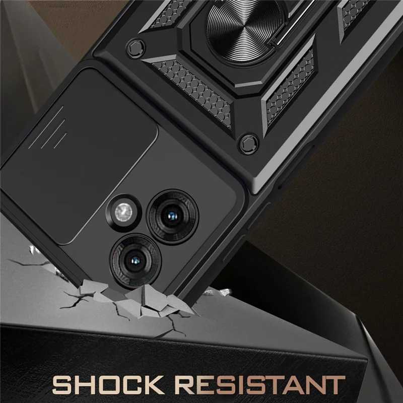 For Motorola Moto G55 5G Case with Slide Camera Lid PC+TPU Kickstand Phone Cover - Black-Cellmalls