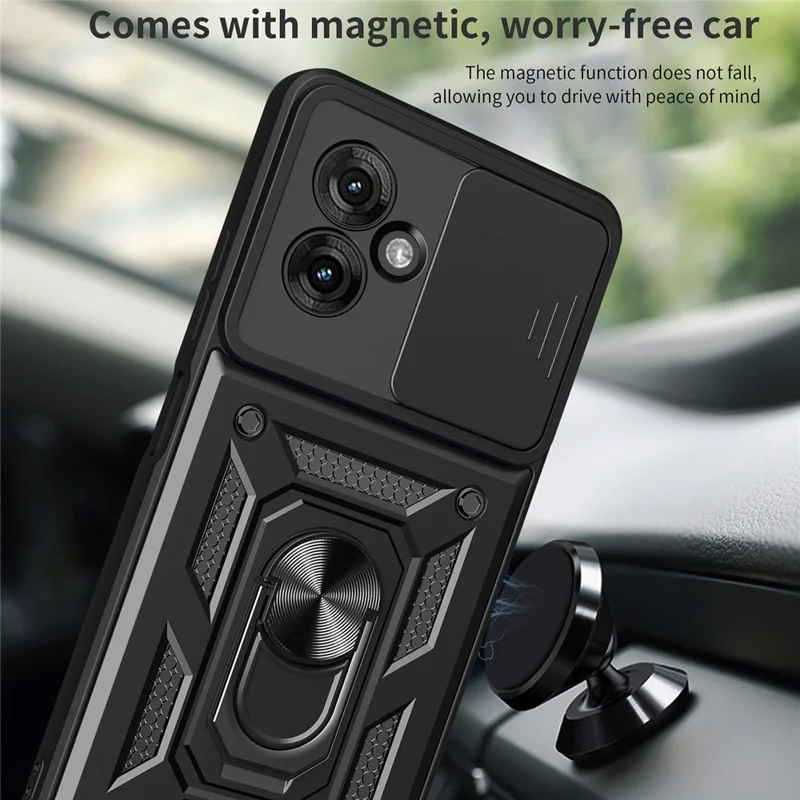 For Motorola Moto G55 5G Case with Slide Camera Lid PC+TPU Kickstand Phone Cover - Black-Cellmalls