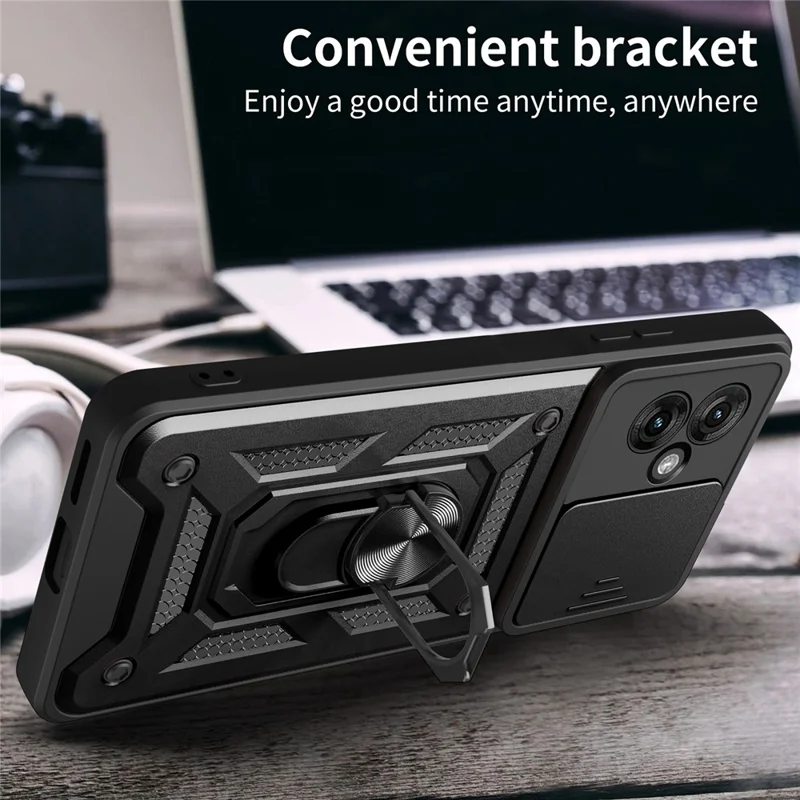 For Motorola Moto G55 5G Case with Slide Camera Lid PC+TPU Kickstand Phone Cover - Black-Cellmalls